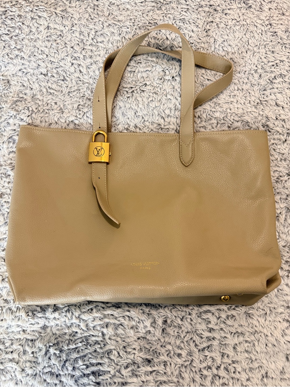 Beige Taupe Leather Tote with Gold Padlock